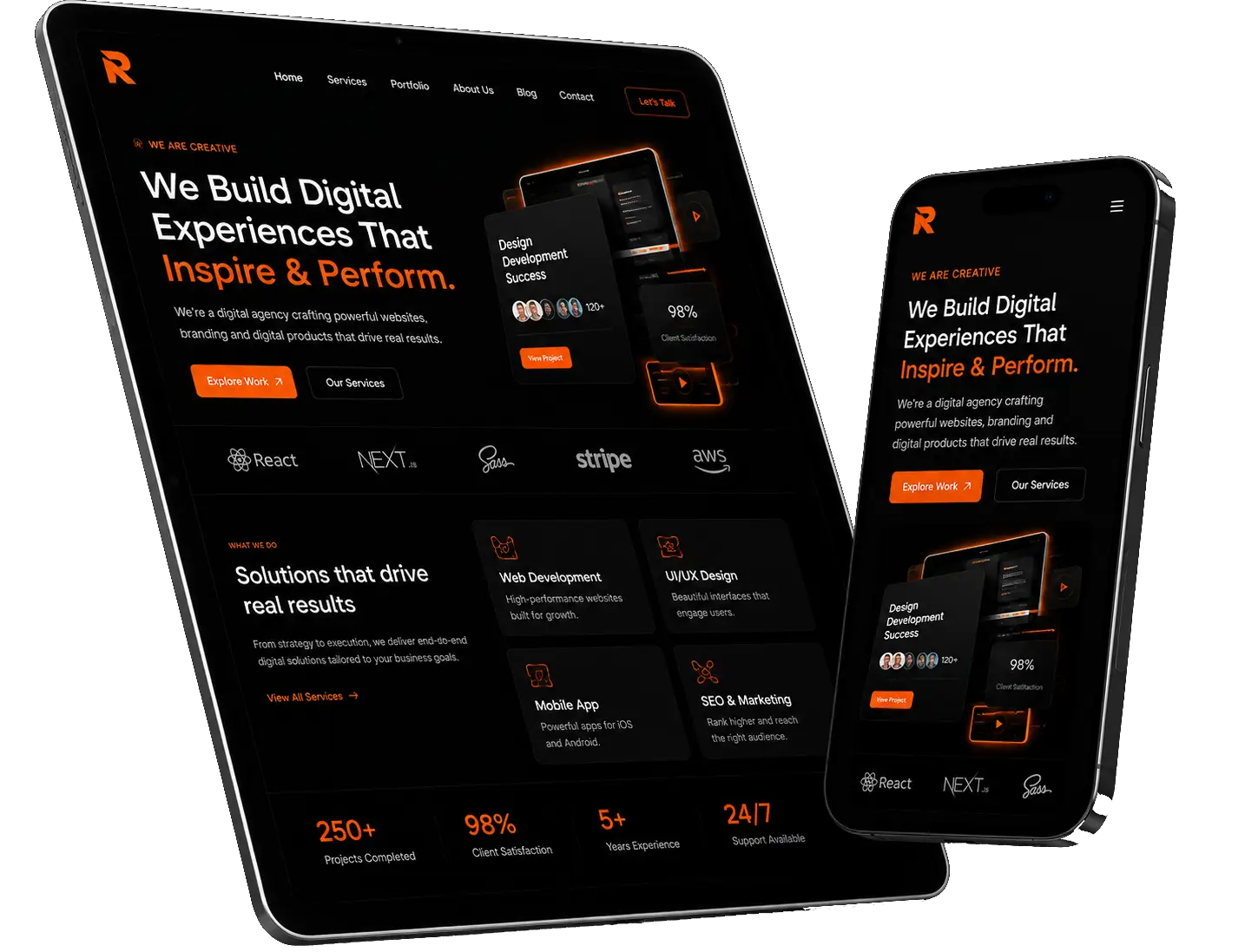 Project preview shown on tablet and mobile devices